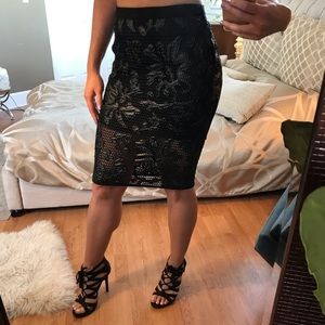 Sexy black floral appliqué woven Pencil Skirt
